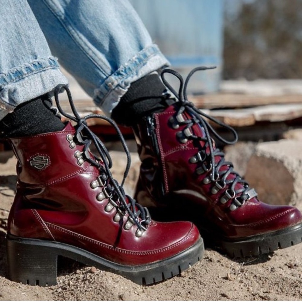 Harley Davidson Kenwood Red Heeled Lace Up Combat Boots